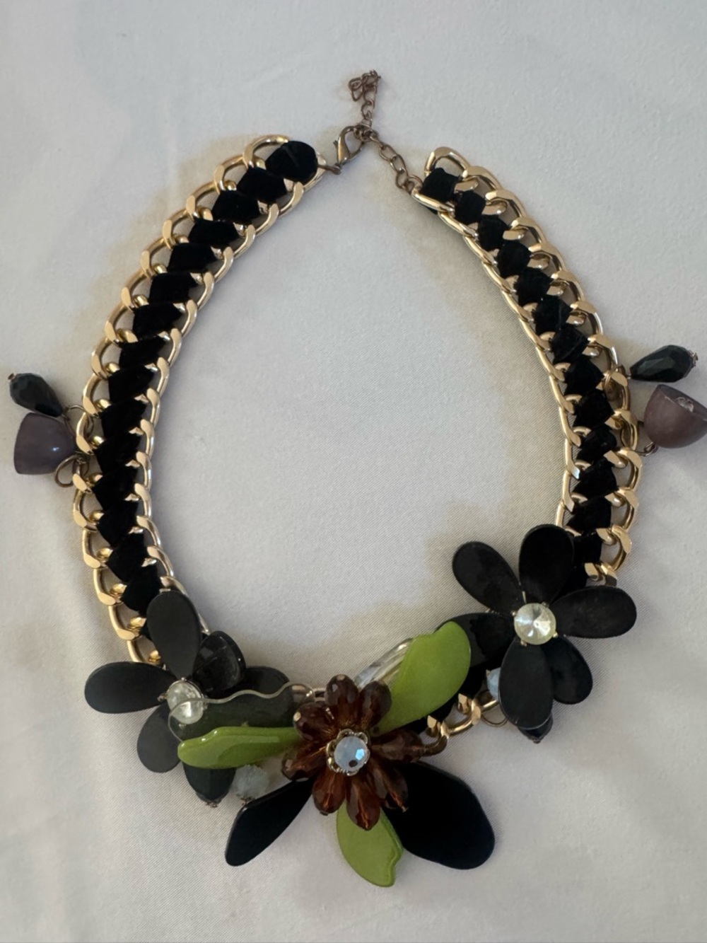 Statement Floral Chain Necklace - Black and Green